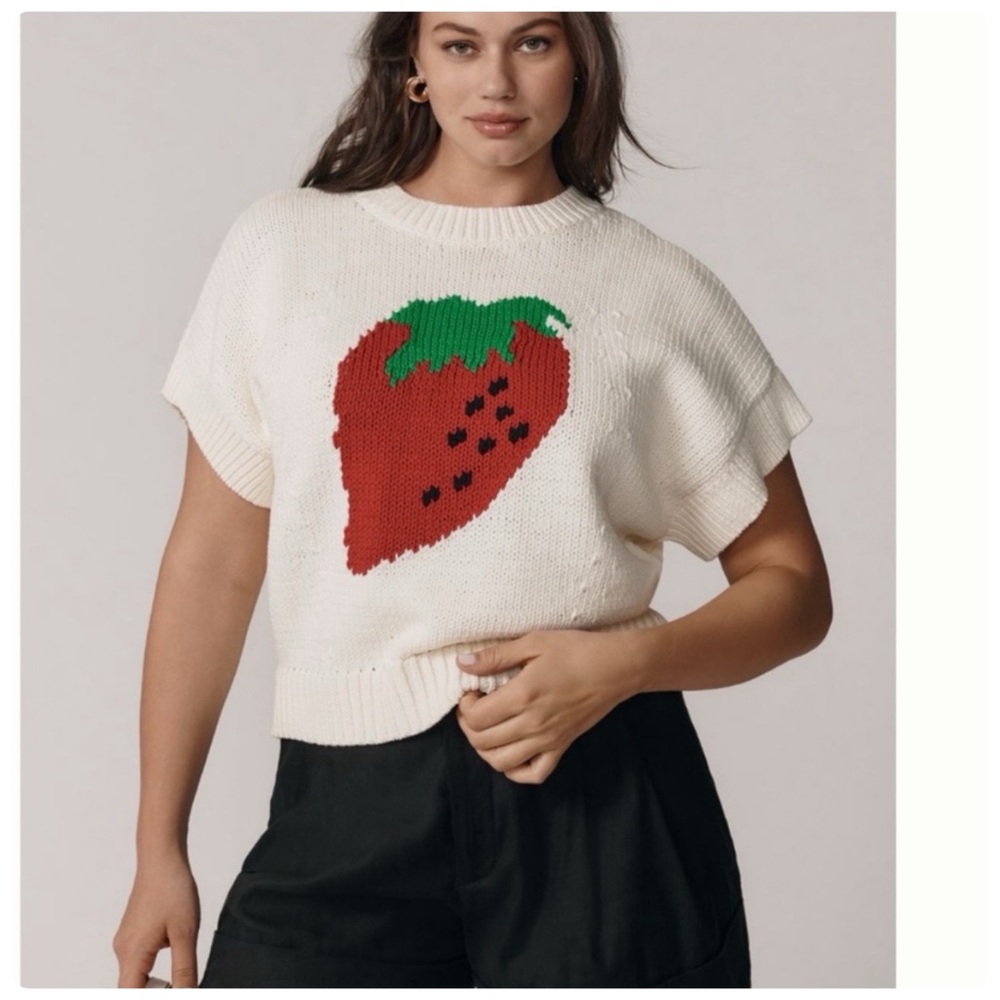 NWT Anthropologie Maeve The Pippa Crew-Neck Strawberry Sweater Cap-Sleeve XL